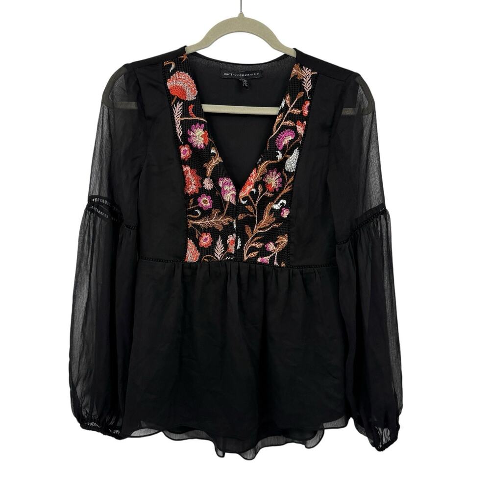 WHBM Embroidered Sheer Blouse XS Black Floral Boho Bell Sleeve Romantic - Picture 6 of 10